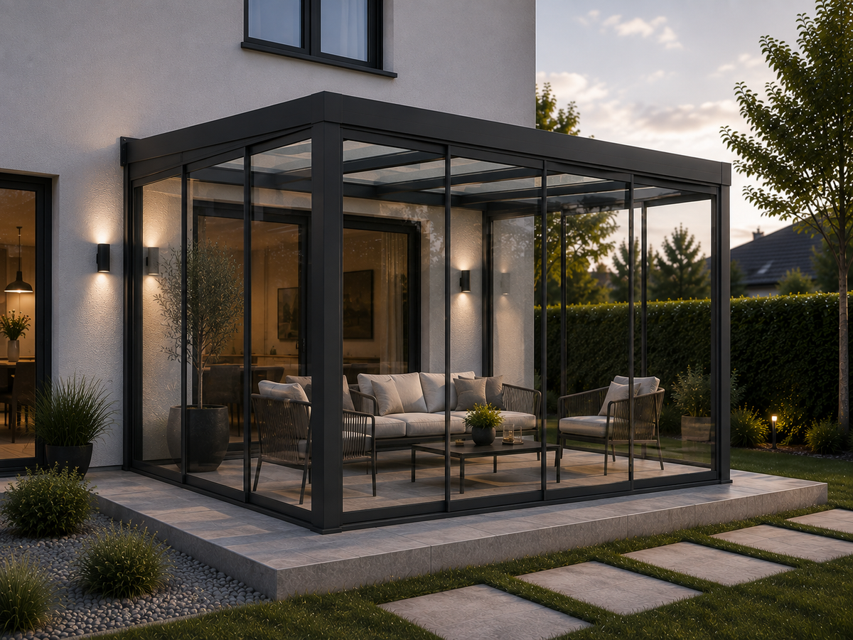 Terrassenüberdachung mit Glasschiebewänden von ALU Terrassenbau