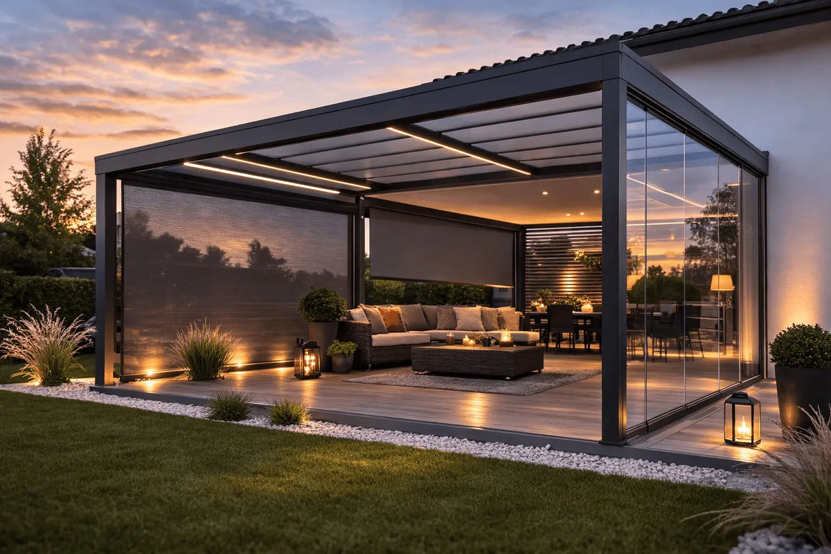 Terrassenüberdachung aus Aluminium bei Abenddämmerung